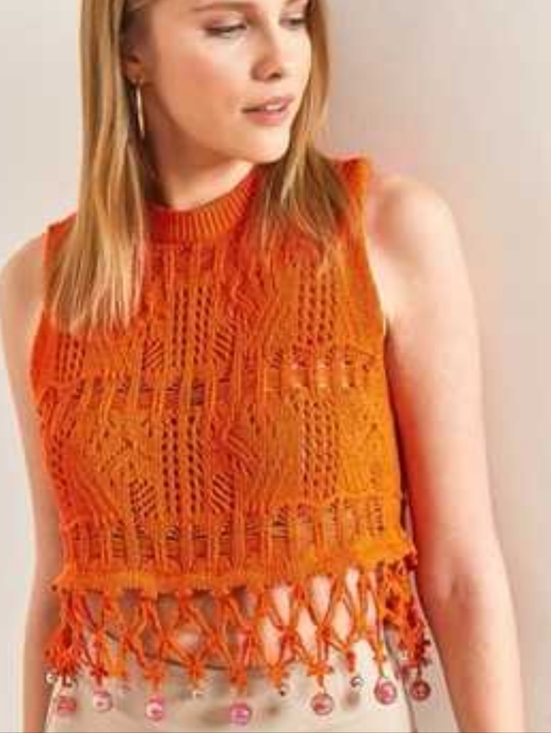Zara Tops - Zara Crochet Knit Crop Top Size L Fringe Tassel Hem Beaded Orange Festival Boho